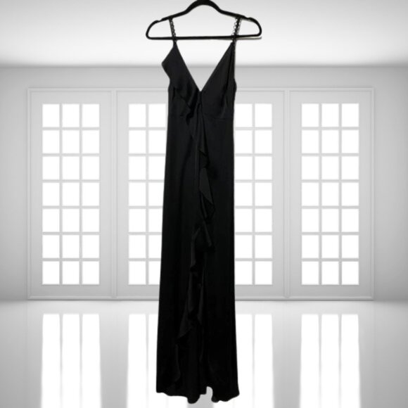 For Love & Lemons Isabella Ruffled Maxi Dress Black Satin Size Small - Picture 6 of 12